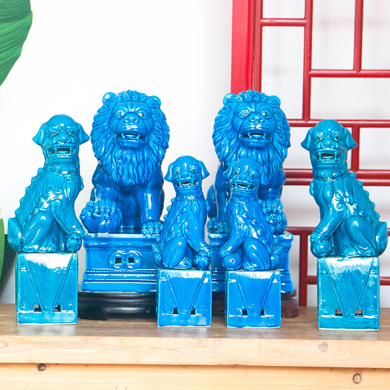 新中式蓝色陶瓷古狮子客厅玄关书房装饰工艺品礼品镇宅招财摆件