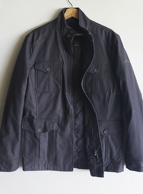 猎装夹克棉衣纯棉全棉纱卡斜纹布黑色炭灰男立领防风工装棉服外套