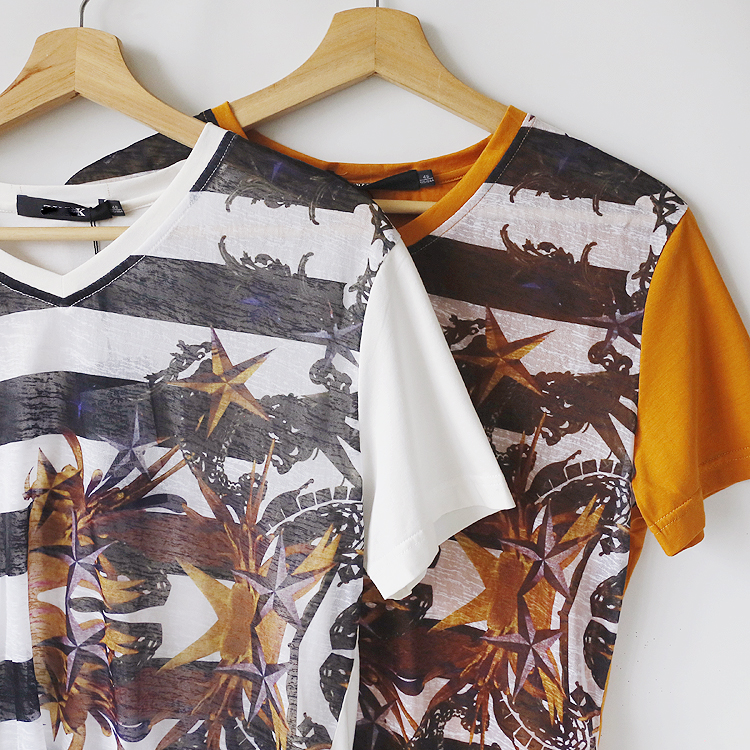 有点骚气 半透视男装V领印花丝质短袖T恤薄款夏季花美男靓仔潮流