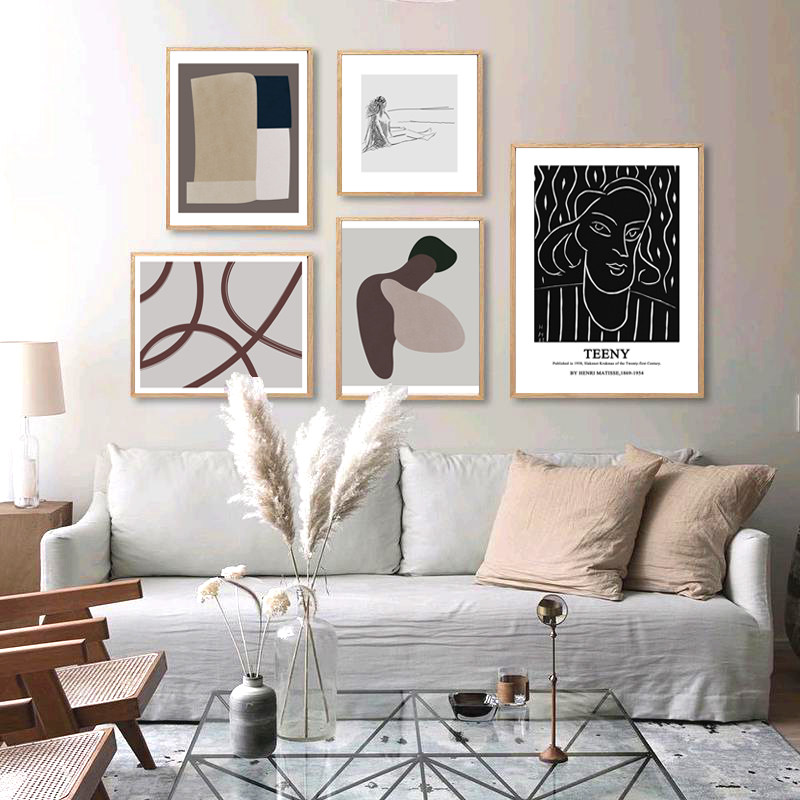 北欧沙发背景墙组合装饰画黑白灰冷色调抽象挂画工作室艺术插画
