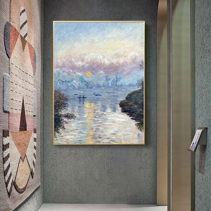 莫奈塞纳河日落油画美式客厅抽象轻奢风景挂画玄关装饰画大幅壁画
