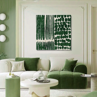 绿色油画侘寂风客厅背景墙挂画北欧入户玄关肌理方形组合装饰画