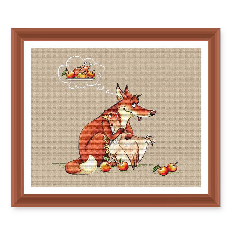 小小鱼dmc绣线十字绣套件 a3373狐狸偷鸡可爱卡通新品麻色绣布