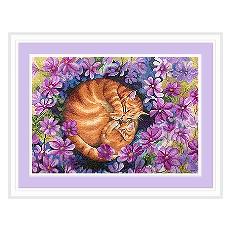 小小鱼DMC绣线新品动物十字绣套件 D852花中猫咪精准印花刺绣
