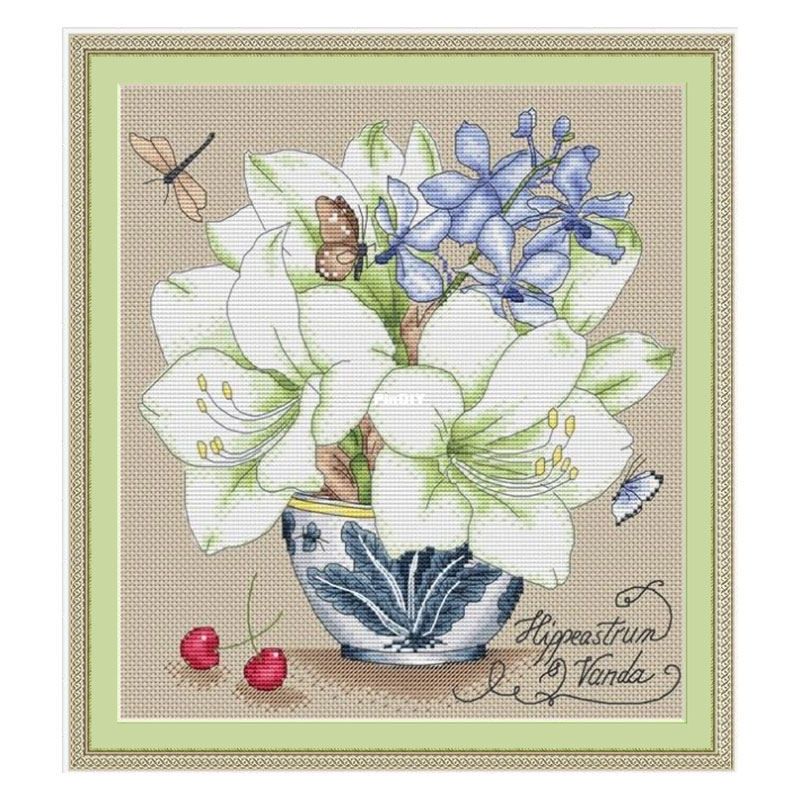 新品小小鱼DMC绣线十字绣套件 B1671白色玉兰花瓶 麻色绣布手工绣