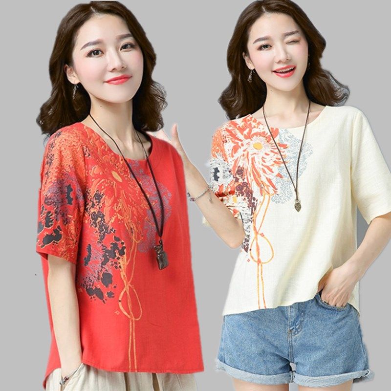 Chinese style Retro literature Printed t-shirts Short sleeved Big size dress jacket Summer wear new pattern Easy Cotton and hemp Women's wearin the Women's clothing/Boutique , T-shirt  category - from Buy2taobao.com to provide professional Taobao agent buy service