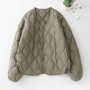 轻薄V领羽绒棉服女秋冬韩版 菱格内搭保暖棉衣时髦百搭叠穿短外套