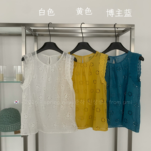 法式缕空刺绣无袖背心衬衫女夏季独特别致蕾丝花边小衫绝美上衣潮