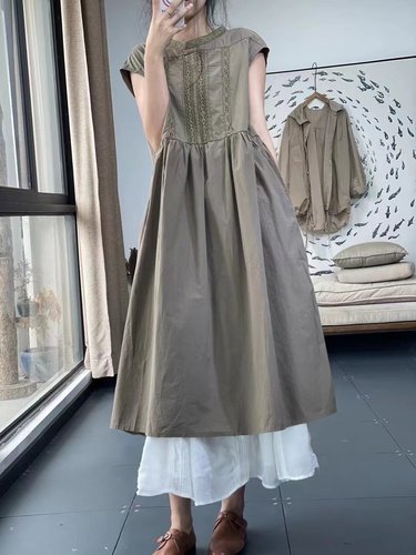 棉麻短袖连衣裙女别致立领长裙子