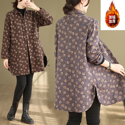 复古文艺碎花衬衫棉衣女秋季大码开衫中长款加绒加厚保暖风衣外套