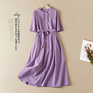 外贸单复古木耳边棉麻中袖连衣裙女夏季文艺收腰显瘦中长款a字裙