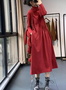 秋冬季宽松大码女装胖mm复古显瘦文艺森女不规则中长款打底连衣裙