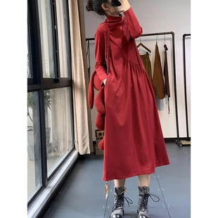 秋冬季宽松大码女装胖mm复古显瘦文艺森女不规则中长款打底连衣裙