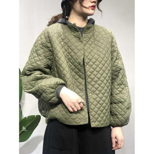 复古菱格宽松洋气保暖夹克棉服外套潮胖女人大码女装冬季轻薄棉衣