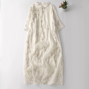 新中式 气质改良旗袍裙超仙气质长裙 重工刺绣盘扣苎麻连衣裙女夏季