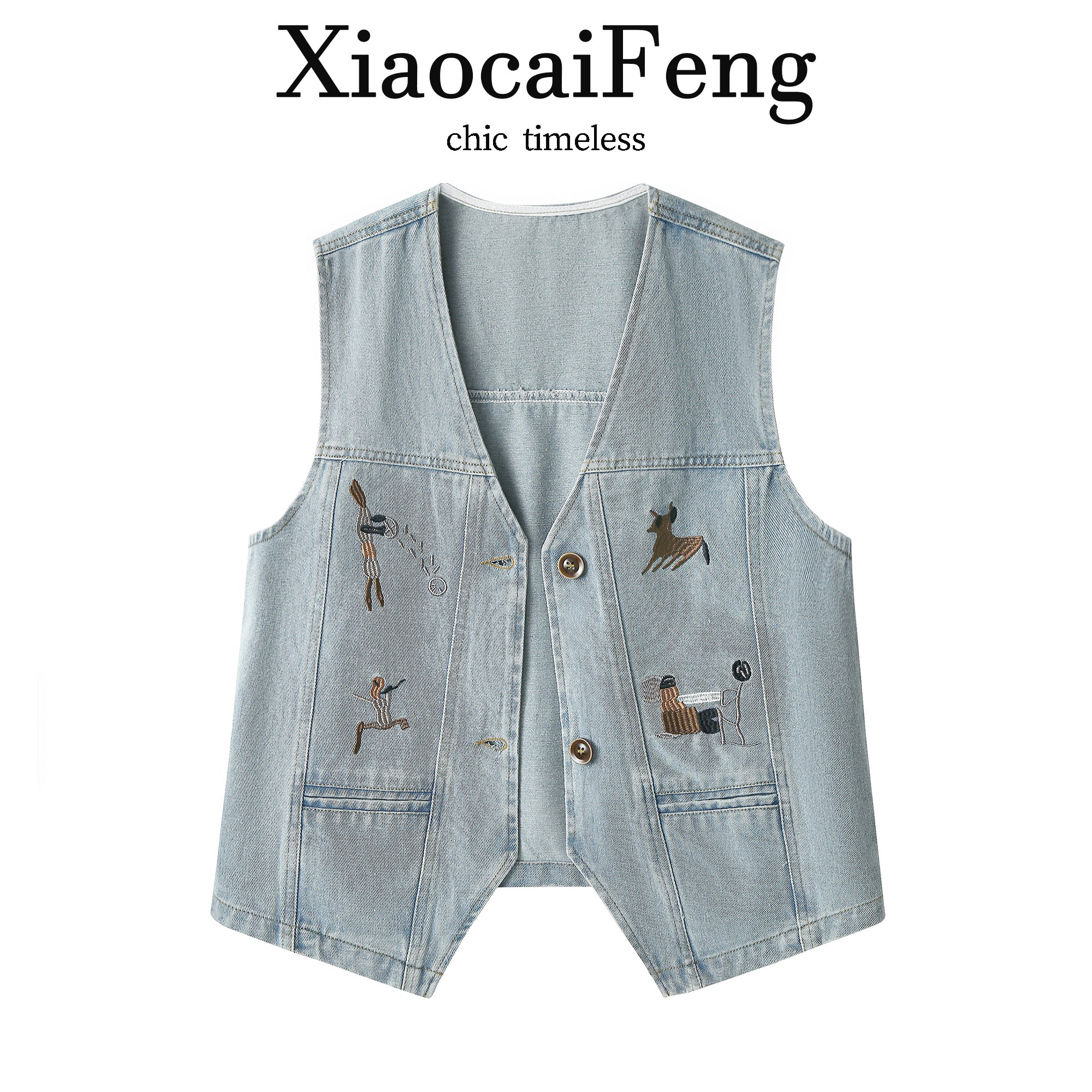 欧货V领卡通刺绣牛仔马甲背心女夏季叠穿显瘦短款马夹无袖坎肩潮