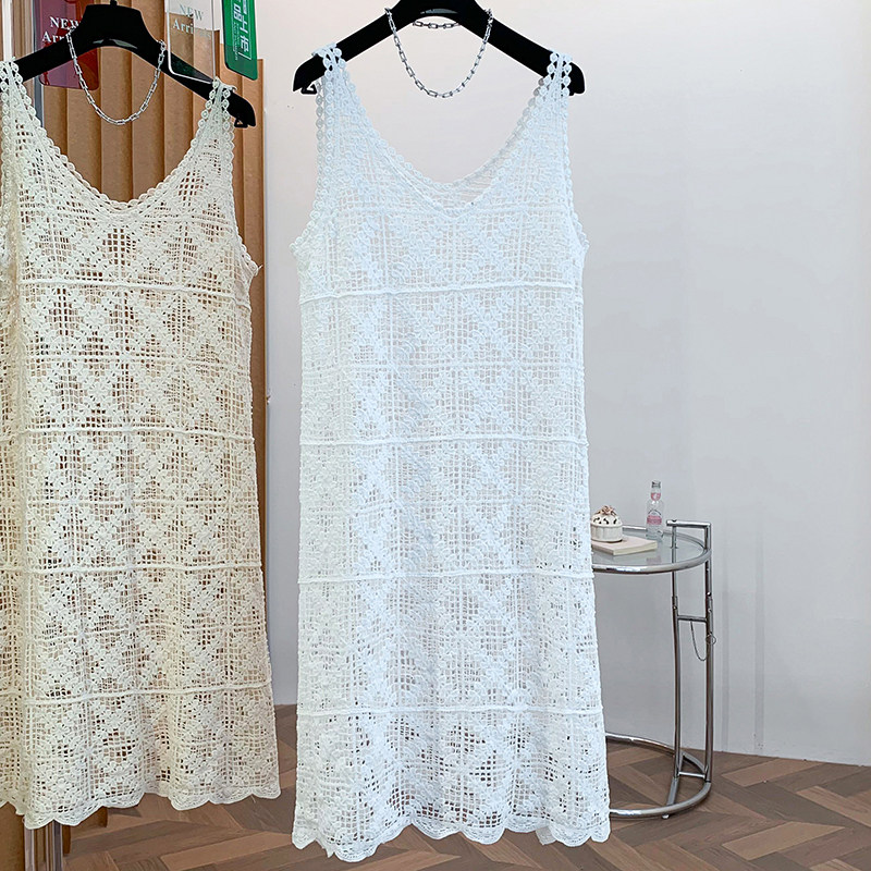 韩版镂空钩花蕾丝中长款叠穿吊带连衣裙女大码胖mm减龄百搭背心裙