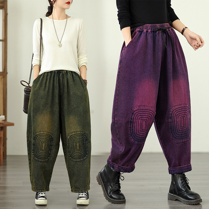 复古撞色做旧牛仔裤春秋洋气大码女装休闲裤子宽松拼接遮肉灯笼裤