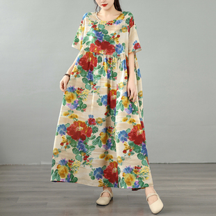 连衣裙女夏季 碎花印花短袖 宽松显瘦气质沙滩裙潮 大码 波西米亚时尚