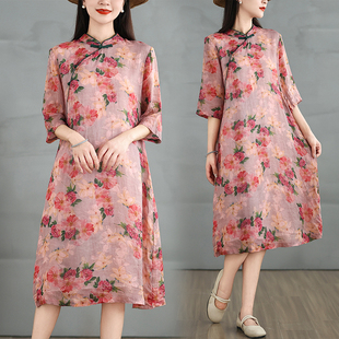 中长裙子 改良旗袍a字裙短袖 复古国风印花棉麻连衣裙女夏季 新中式