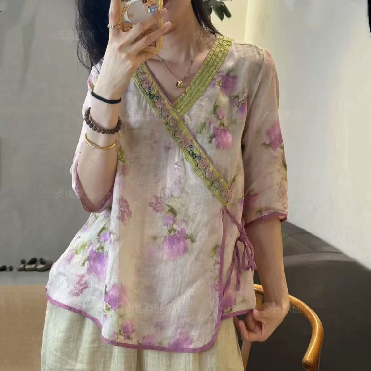 新中式国风禅意V领棉麻中袖衬衫女夏季斜襟系带改良茶服显瘦上衣