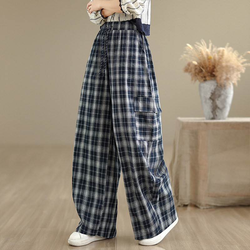 复古时尚格纹弯刀阔腿裤女春秋抽绳高腰显瘦百搭工装裤休闲香蕉裤,女装/女士精品,休闲裤,淘宝优惠券,粉丝福利购,淘宝优惠卷