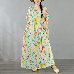 减龄度假风长裙潮 宽松大码 波西米亚圆领碎花印花短袖 连衣裙女夏季