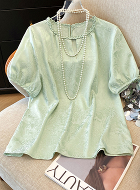 紫色新中式真丝衬衫短袖女装夏季新款国风桑蚕丝小衫缎面提花上衣