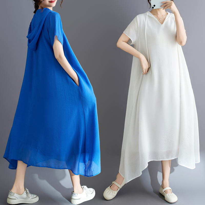 雪纺连帽连衣裙2025年夏季新款大码女装短袖背心裙减龄显瘦长裙子