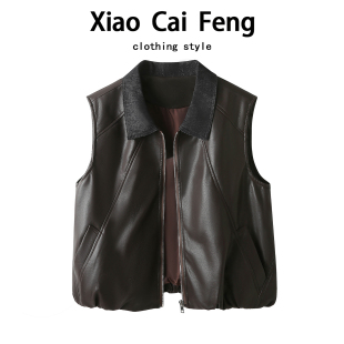 高端欧货pu皮衣马甲背心女春秋宽松叠穿翻领外搭无袖 坎肩外套上衣