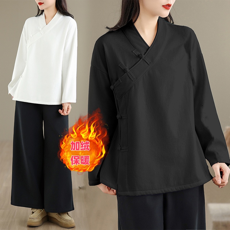 新中式国风盘扣衬衫女秋冬休闲宽松加绒保暖内搭可外穿居士服上衣