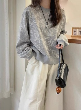 韩版灰色圆领长袖套头卫衣女秋装新款慵懒风休闲宽松显瘦百搭上衣