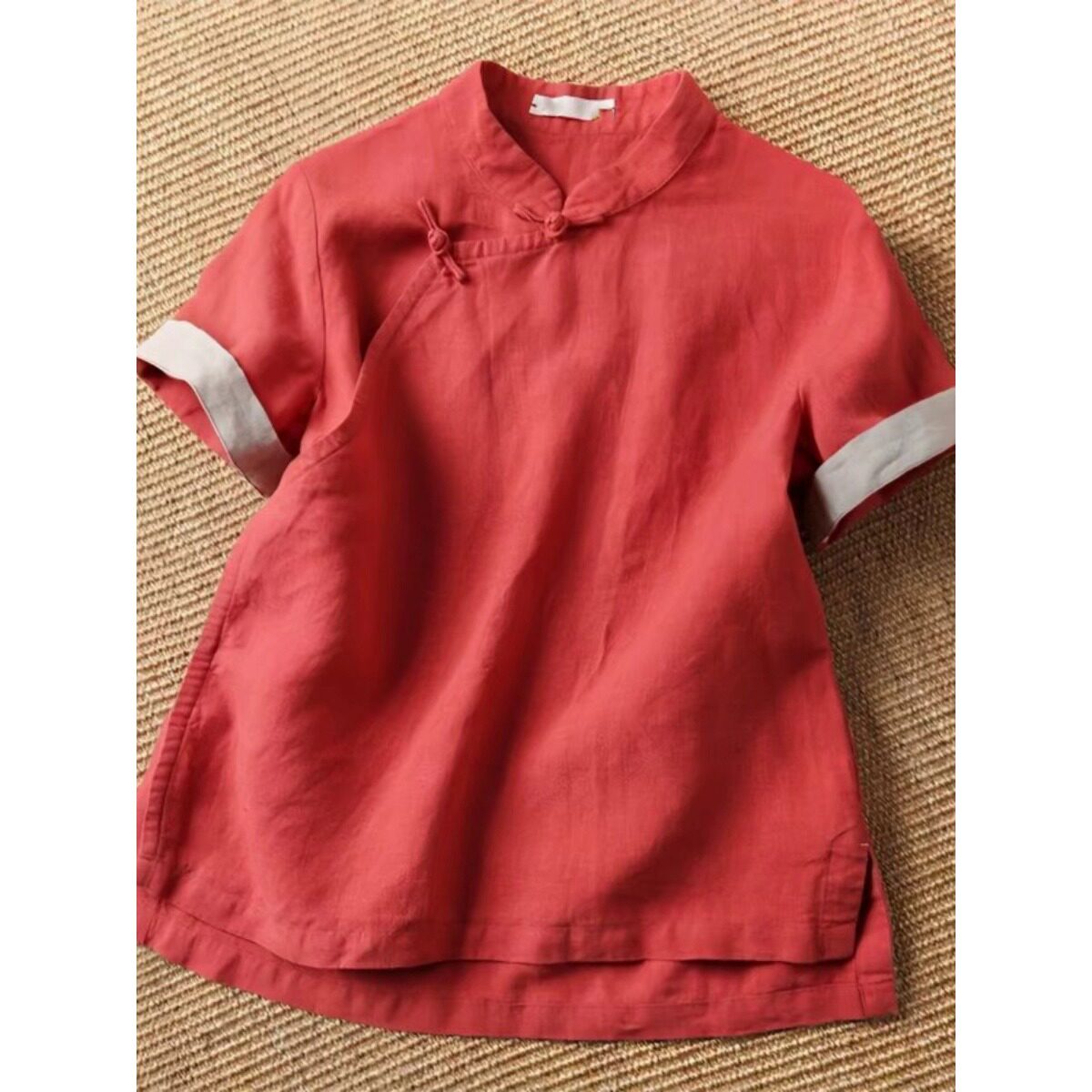 新中式复古红色立领盘扣衬衫女夏季短袖禅意棉麻茶服上衣高端小衫