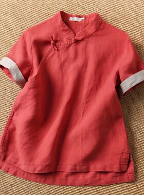 新中式复古红色立领盘扣衬衫女夏季短袖禅意棉麻茶服上衣高端小衫