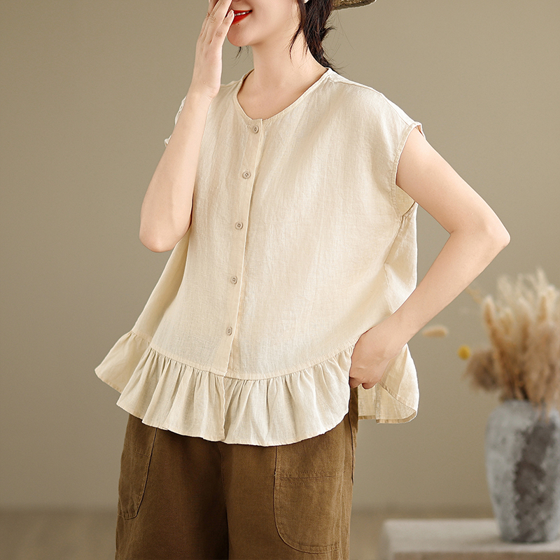 韩系荷叶边下摆亚麻衬衫女夏季独特别致外穿马甲背心飞飞袖上衣潮
