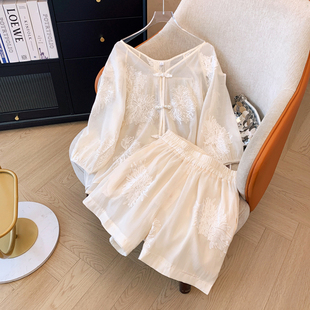 阔腿短裤 新中式 胖mm轻奢高级感刺绣衬衫 女夏季 两件套 国风防晒套装