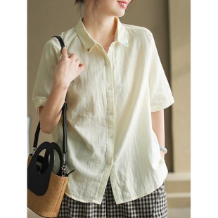 文艺上衣休闲气质翻领单排扣衬衣 复古棉纱纯色短袖 衬衫 女夏季 薄款