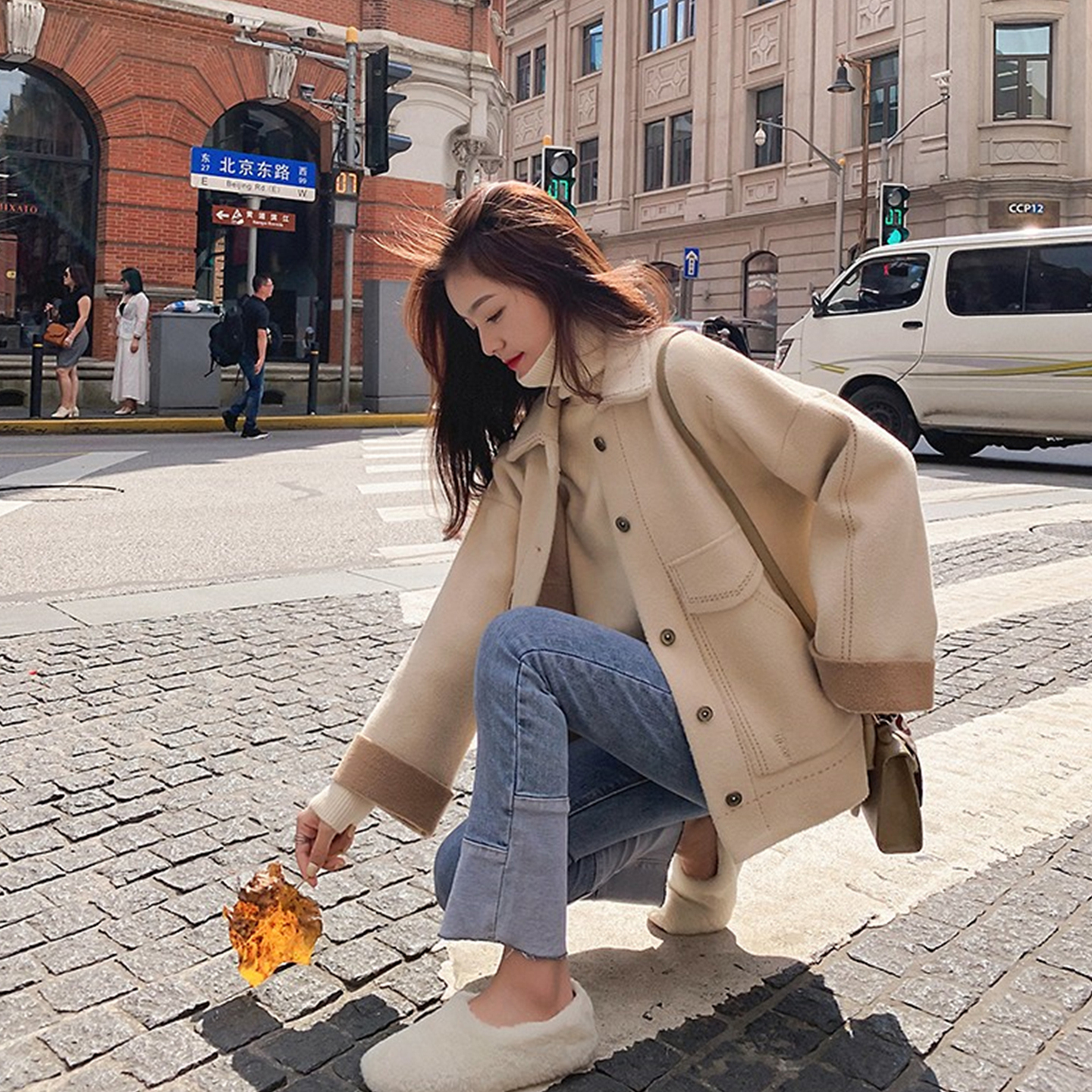 韩版破洞镂空慵懒风双面呢外套女