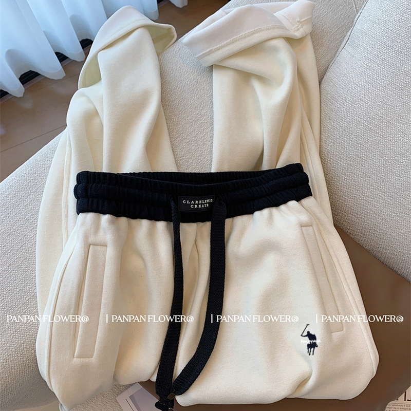 小马标刺绣白色加绒卫裤女2025新款冬季韩系休闲宽松阔腿裤长裤子