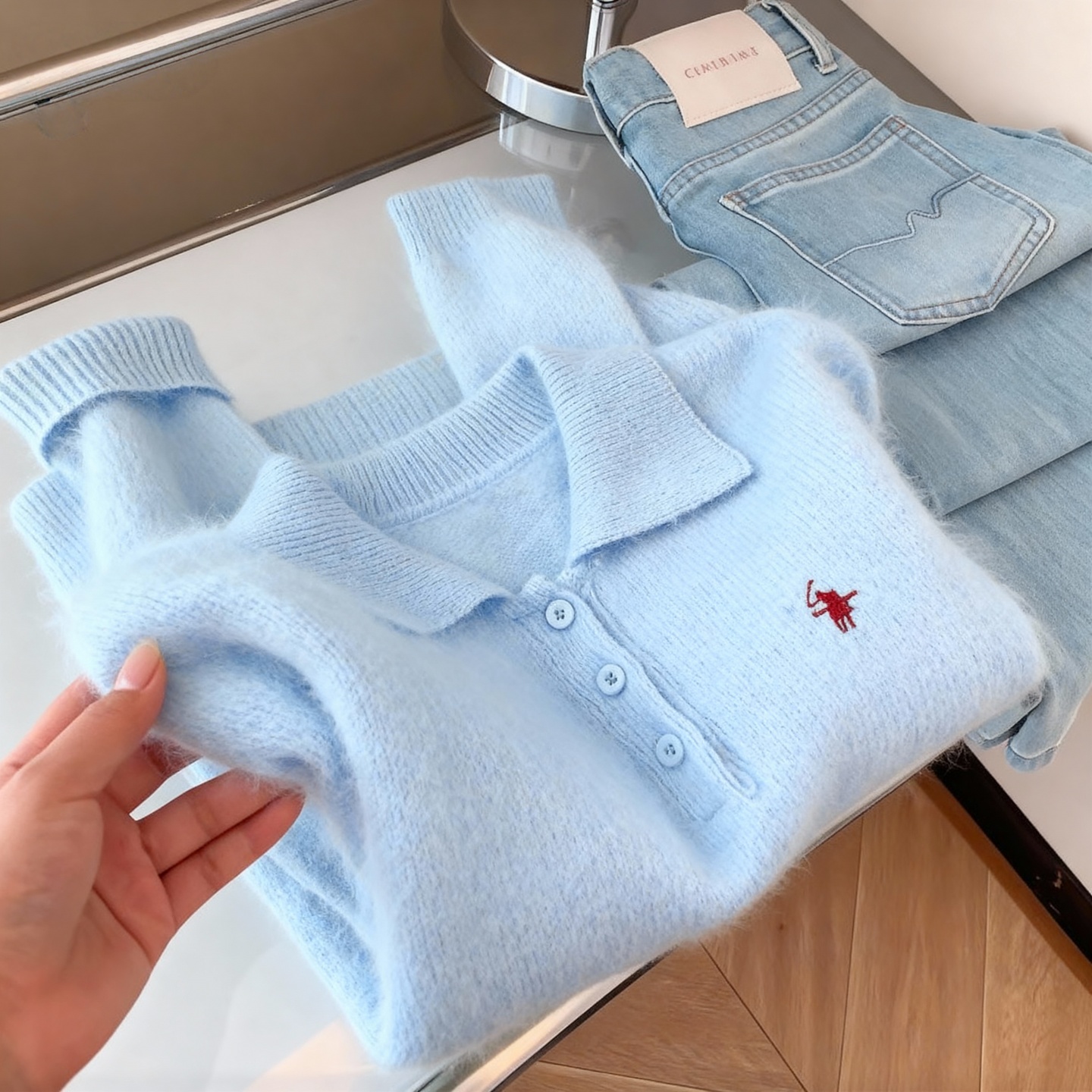 小马刺绣polo领毛衣女秋冬高级感马海毛软糯毛线衣针织衫蓝色上衣