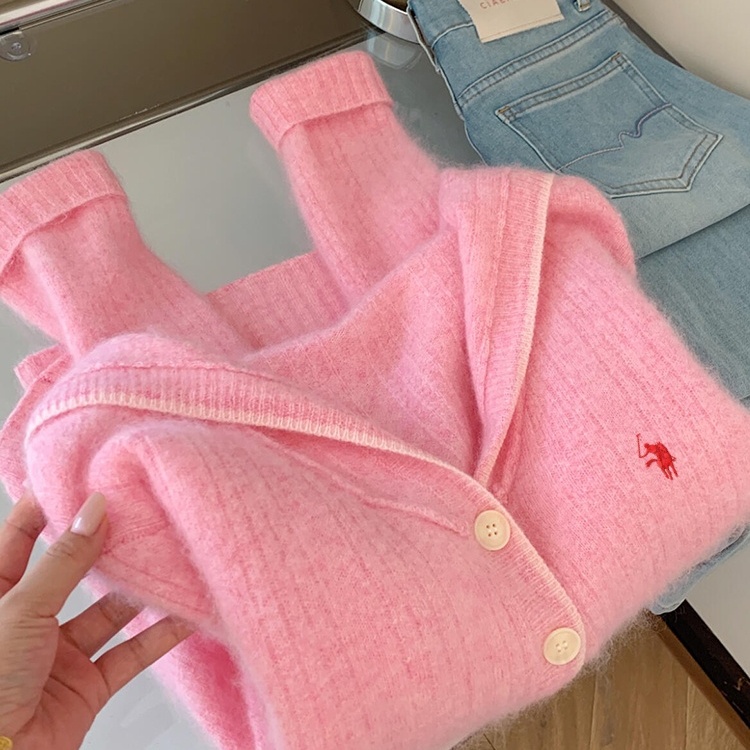粉色V领马海毛毛衣开衫外套女秋冬软糯温柔风小马刺绣针织衫上衣