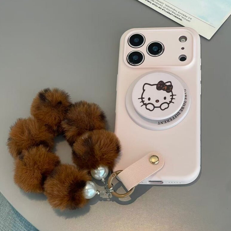 ins韩系小众粉kitty猫磁吸支架毛绒手腕带适用于苹果17手机壳iphone16promax液态硅胶15套14/13