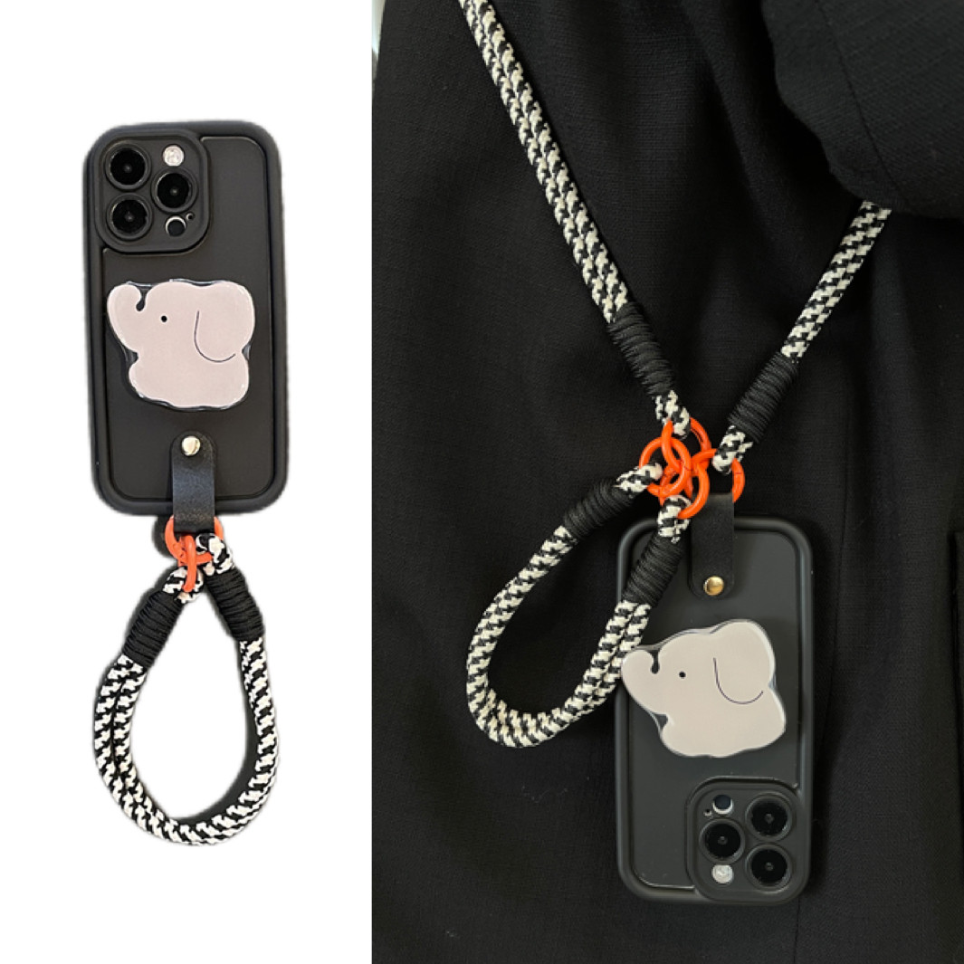 ins卡通灰小象支架手拎短绳适用于苹果15PROMAX手机11壳16iphone14斜挎背带绳苹果12mini软13女XS