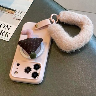 ins少女粉嫩可爱立体蘑菇磁吸支架毛绒手腕带适用于苹果17手机壳iphone16promax软15/14套13