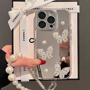 适用苹果17/16ProMax手机壳新款iPhone15pro补妆镜面闪钻珍珠蝴蝶14plus轻奢高级感13高档11气质保护套