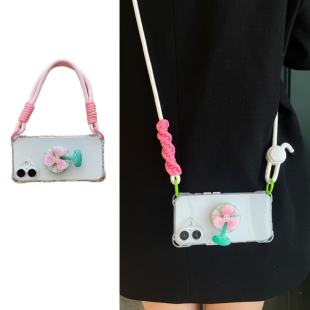 会转的风扇支架挂绳可背适用苹果15promax16手机壳背带斜跨14iphone13透明四角开孔12手腕可拎绳11软8P