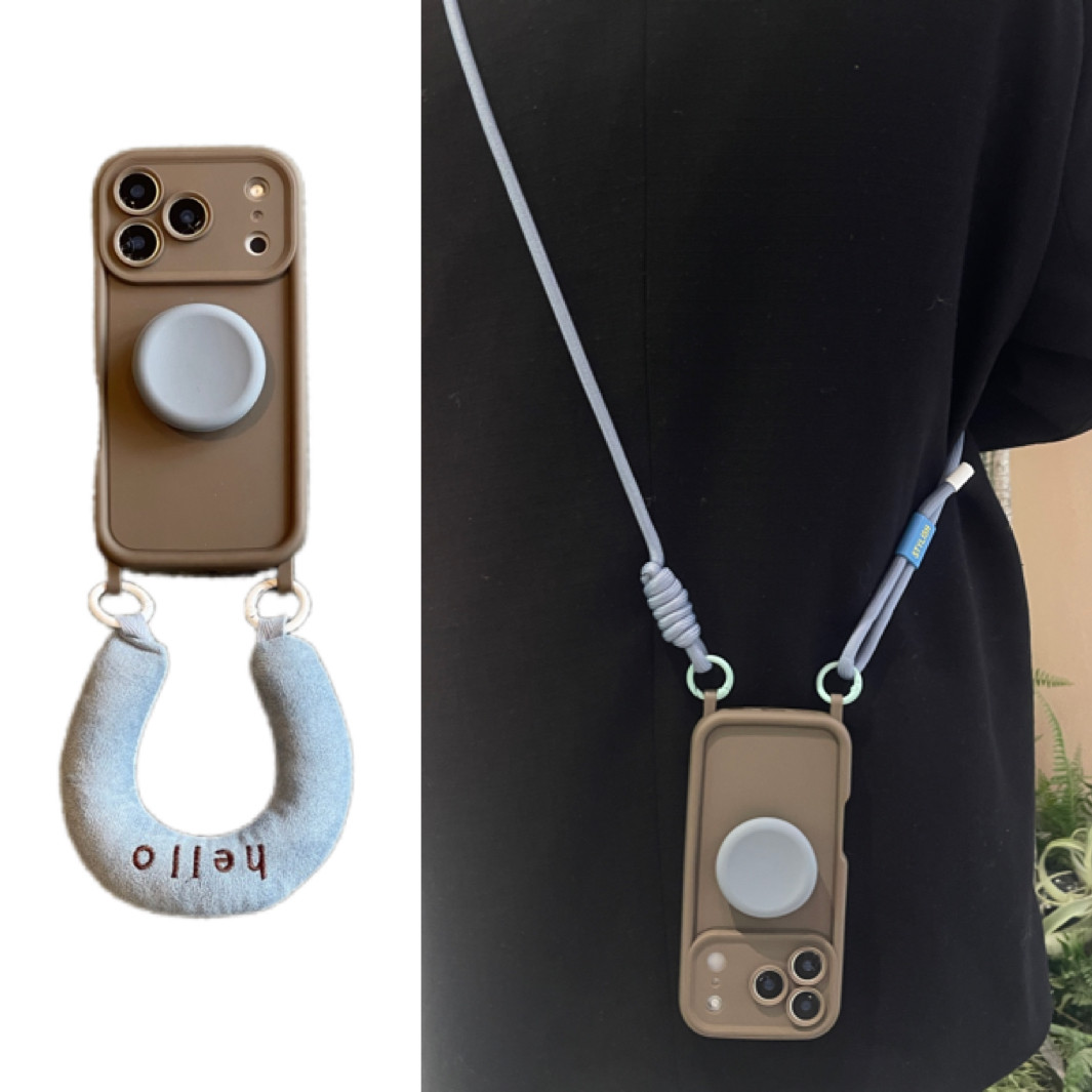 ins纯色棕撞色雾霾蓝圆形支架手腕带适用于苹果17手机壳iphone16promax斜挎绳15软14/13套12