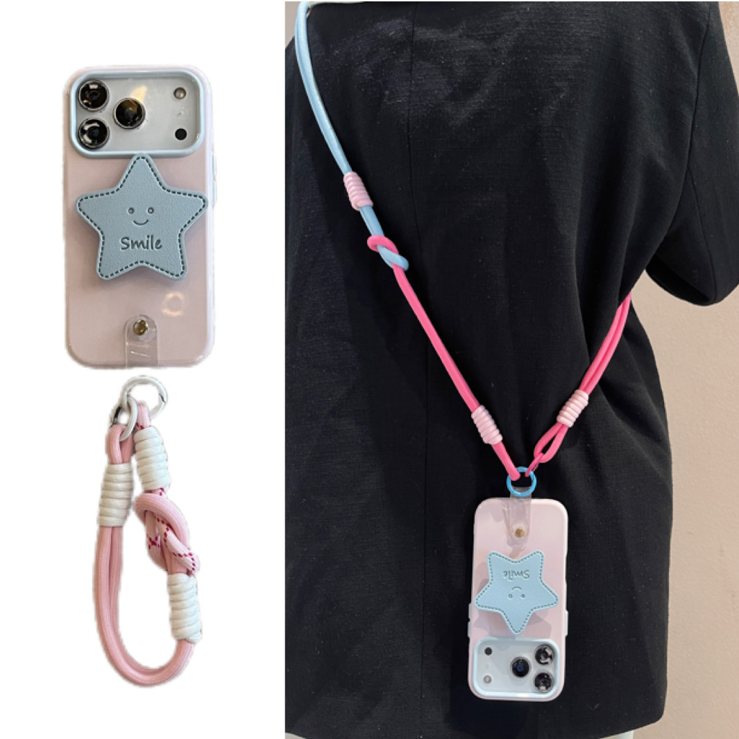蓝粉撞色ins皮质星星支架手拎短绳适用于苹果17手机壳iphone16斜跨绳15软14/13套12