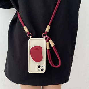 简约纯色高级酒红皮质支架手拎短绳适用于17苹果16手机壳14iphone15promax13斜跨12软11双挂钩XS