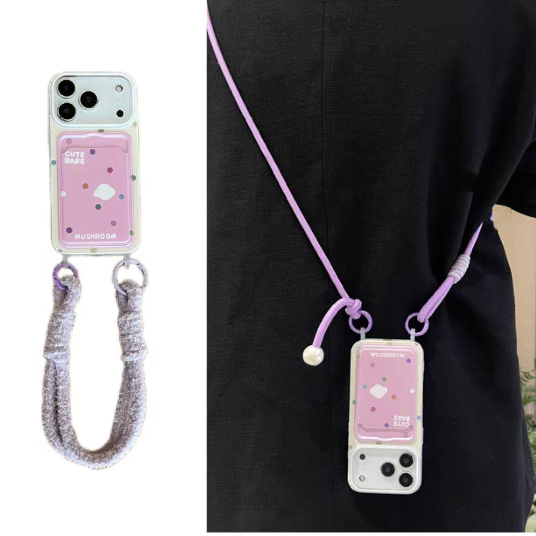 ins奶油彩色波点卡包毛绒手腕带适用于苹果17手机壳iphone16promax斜挎绳15软14/13套12小众12